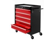 Dulap modular pe roti pentru scule, 5 sertare, blocabil, 2 chei, otel, negru/rosu, 33 x 61.5 x 77.5 cm,