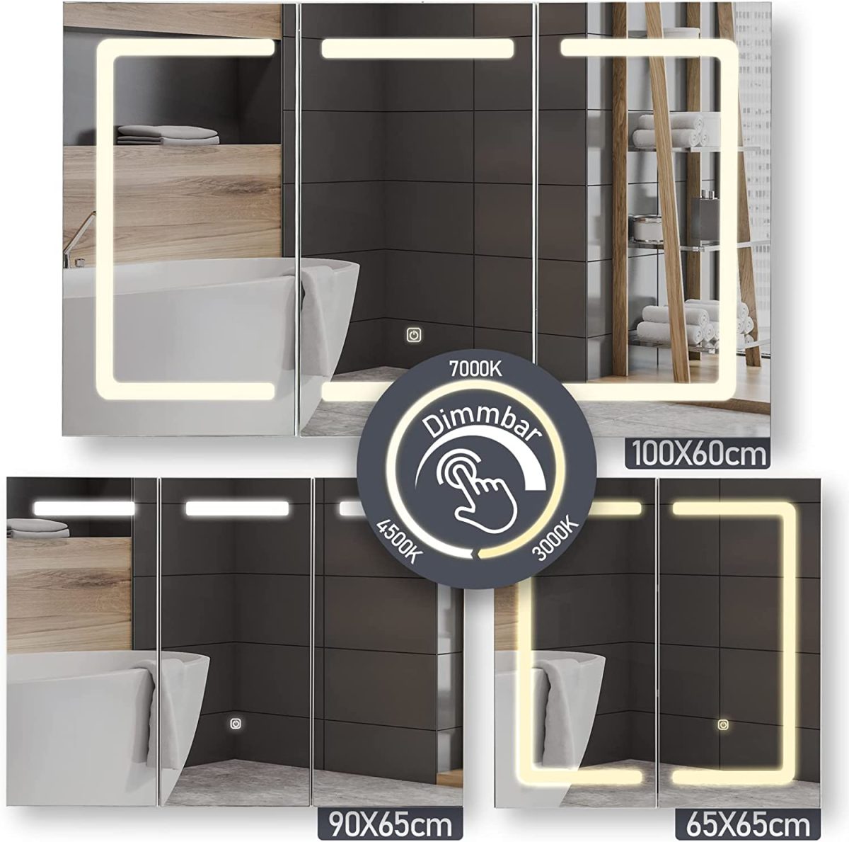 Dulap de baie cu oglinda LED, touch, lumina reglabila rece/calda/neutra, MDF/sticla, A+, 100 x 60 x 13 cm - imagine 5