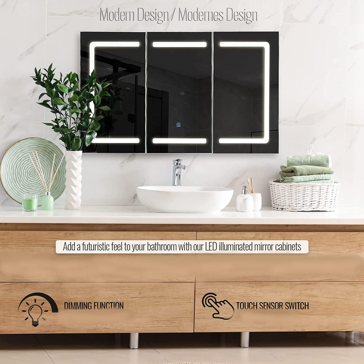 Dulap de baie cu oglinda LED, touch, lumina reglabila rece/calda/neutra, MDF/sticla, A+, 100 x 60 x 13 cm - imagine 7