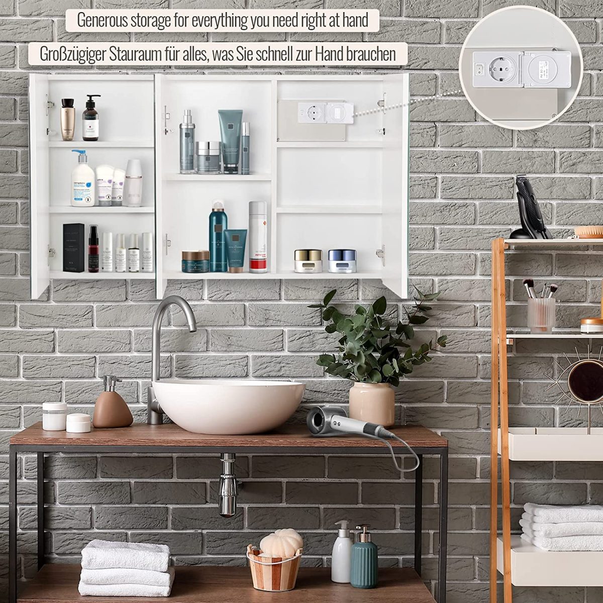 Dulap de baie cu oglinda LED, touch, lumina reglabila rece/calda/neutra, MDF/sticla, A+, 100 x 60 x 13 cm - imagine 8