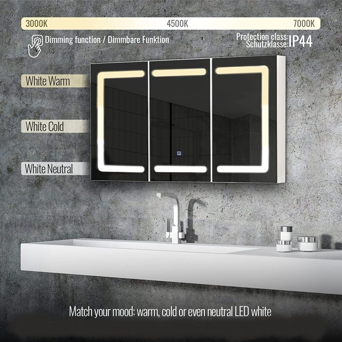 Dulap de baie cu oglinda LED, touch, lumina reglabila rece/calda/neutra, MDF/sticla, A+, 100 x 60 x 13 cm - imagine 9