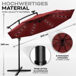 Umbrela terasa/gradina cu lumina LED, husa protectie, panou incarcare solara, protectie UV 50+, rotire la 360°, inclinatie reglabila, manivela,  Ø 300 cm, rosu - imagine 4