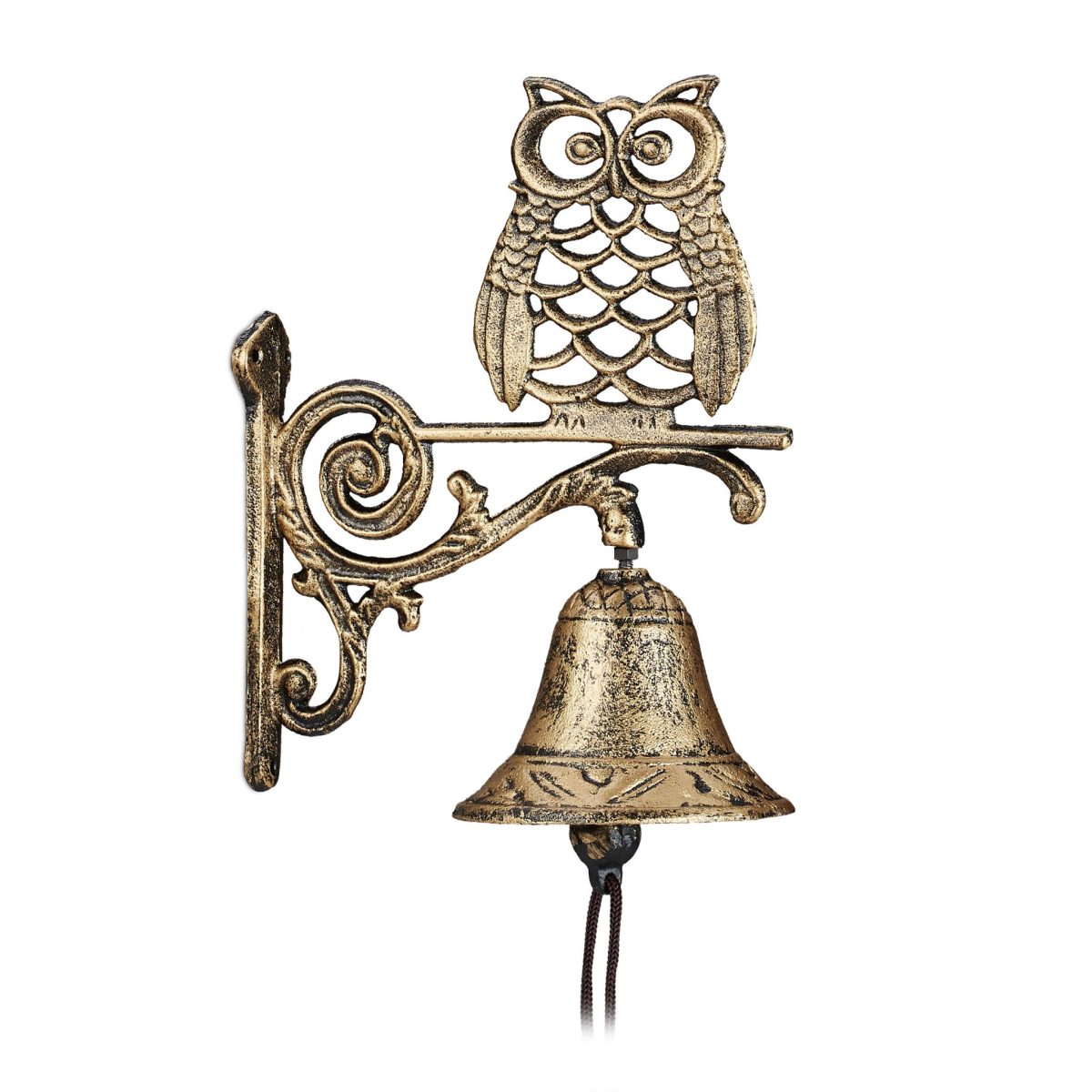 Sonerie decorativa bufnita, din fonta si tesatura, cu snur, auriu/maro, 26,5 x 19 x 11 cm - imagine 2