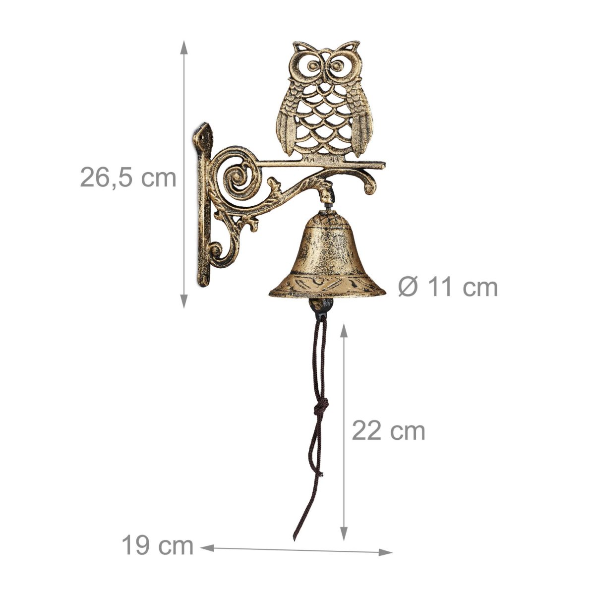 Sonerie decorativa bufnita, din fonta si tesatura, cu snur, auriu/maro, 26,5 x 19 x 11 cm - imagine 5