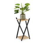 Stand de flori din lemn/otel cu 2 etajere, 57 x 29 x 29 cm, negru/maro deschis