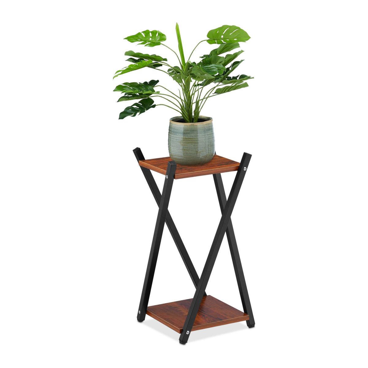 Stand de flori din lemn/otel cu 2 etajere, 57 x 29 x 29 cm, negru/maro - imagine 10