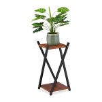 Stand de flori din lemn/otel cu 2 etajere, 57 x 29 x 29 cm, negru/maro