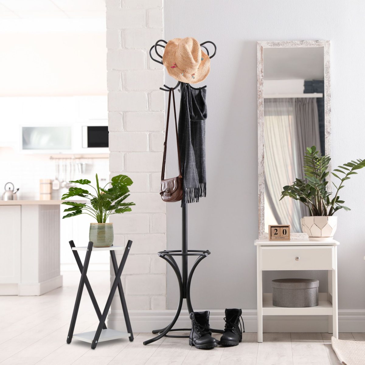 Stand de flori din lemn/otel cu 2 etajere, 57 x 29 x 29 cm, negru/maro - imagine 6