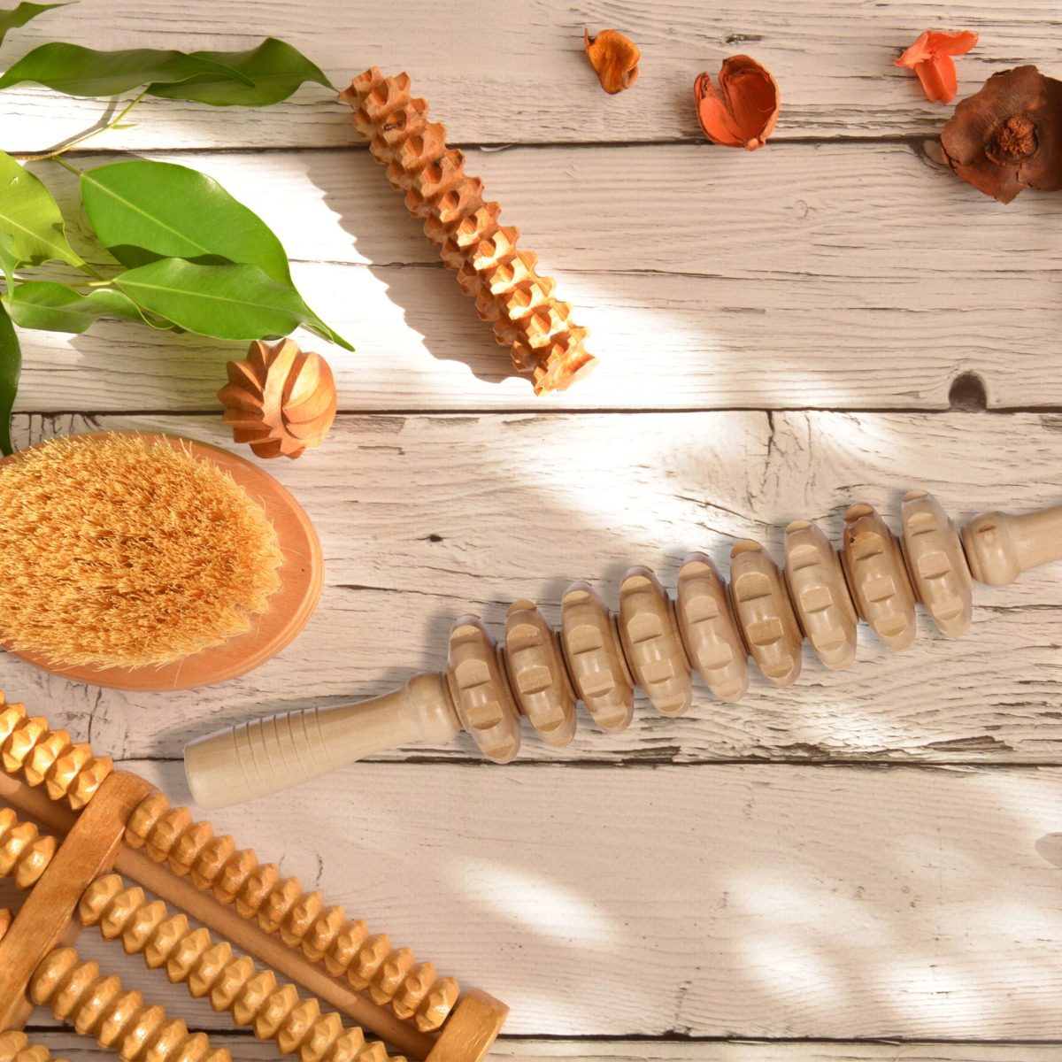 Roller pentru masaj, lemn, tonifiere musculara, de relaxare, natur, 5 x 38 x 5 cm - imagine 2