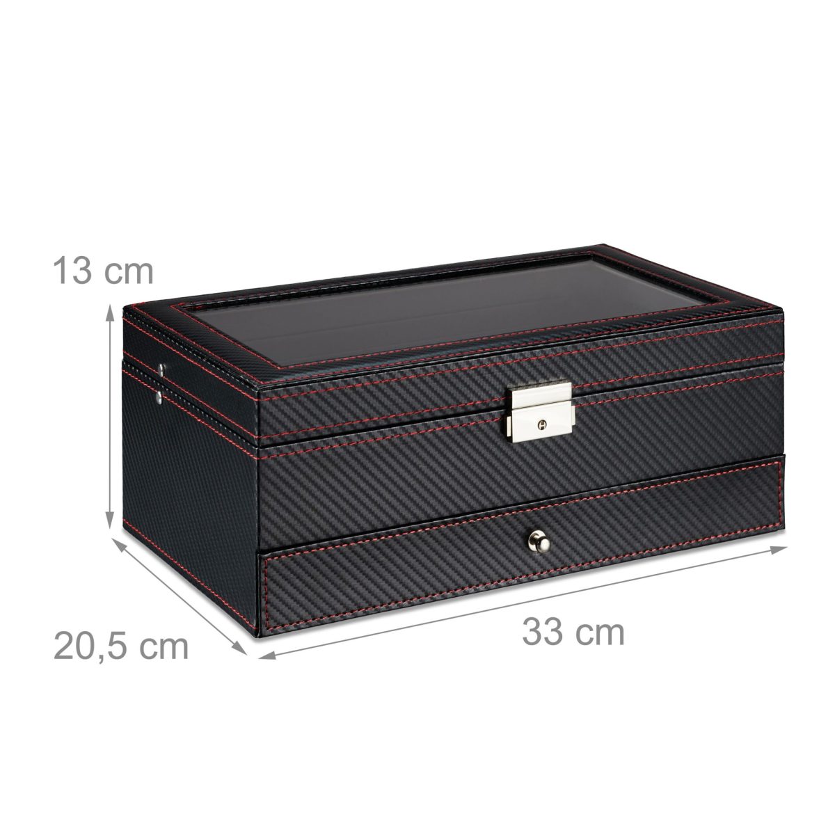 Cutie bijuterii, ceasuri si ochelari, 5 compartimente, MDF/bumbac/plastic, cu cheita, 13 x 33 x 20,5 cm, negru/rosu - imagine 4
