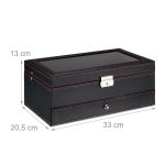 Cutie bijuterii, ceasuri si ochelari, 5 compartimente, MDF/bumbac/plastic, cu cheita, 13 x 33 x 20,5 cm, negru/rosu - imagine 4