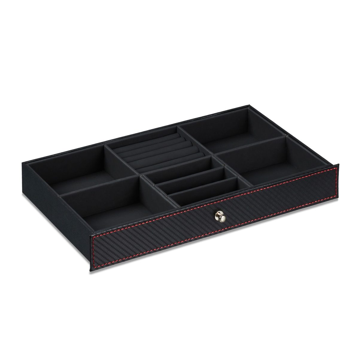 Cutie bijuterii, ceasuri si ochelari, 5 compartimente, MDF/bumbac/plastic, cu cheita, 13 x 33 x 20,5 cm, negru/rosu - imagine 5