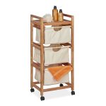 Raft pentru baie din  lemn de nuc si bumbac, 3 sertare, manere, maro/crem, 96 x 43,5 x 33,5 cm