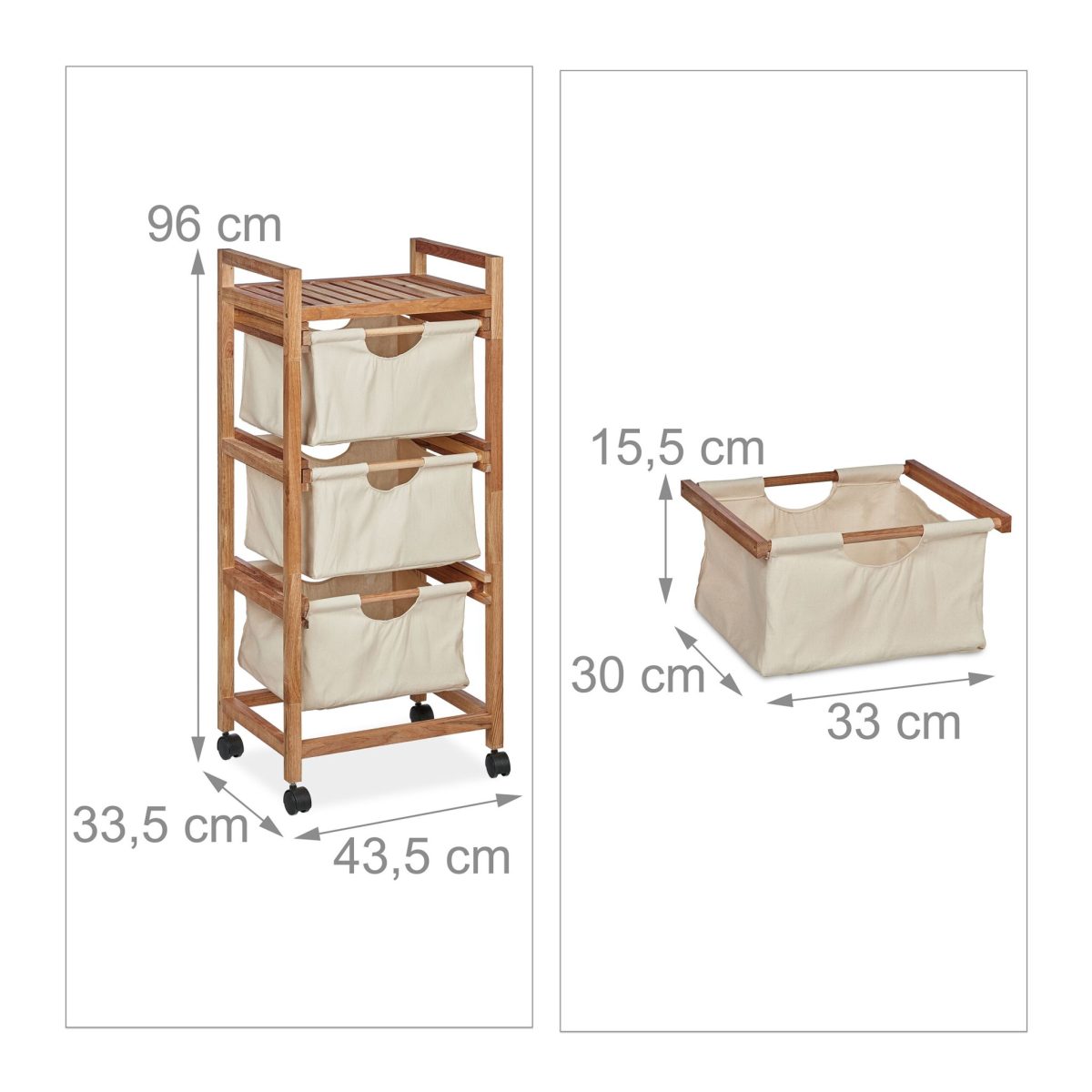 Raft pentru baie din  lemn de nuc si bumbac, 3 sertare, manere, maro/crem, 96 x 43,5 x 33,5 cm - imagine 4