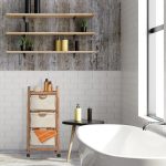 Raft pentru baie din  lemn de nuc si bumbac, 3 sertare, manere, maro/crem, 96 x 43,5 x 33,5 cm - imagine 5