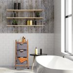 Raft pentru baie, lemn/bumbac, 3 sertare, manere, maro/gri, 96 x 43,5 x 33,5 cm - imagine 5