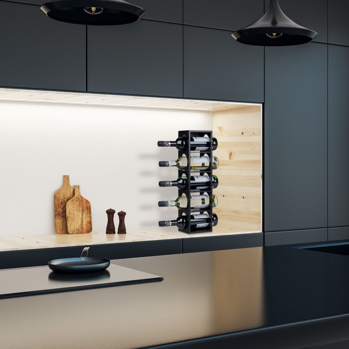 Suport sticle de vin, din bambus, 5 sticle, negru, 53 x 14 x 12 cm - imagine 2