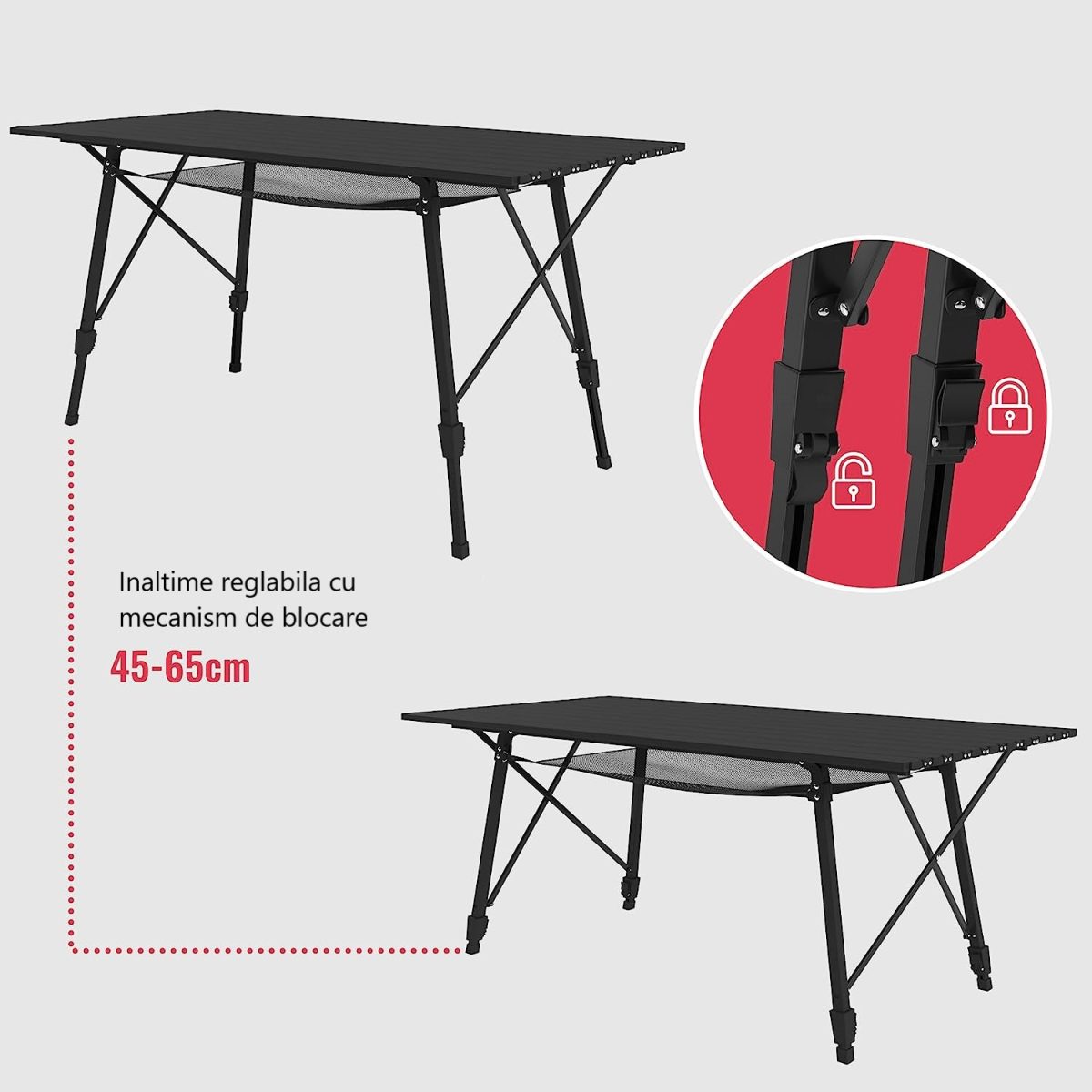 Masa pliabila gradina,Kraftpunkt,spatiu depozitare, geanta transport, inaltime reglabila, 90 x 45 cm, aluminiu, negru - imagine 2