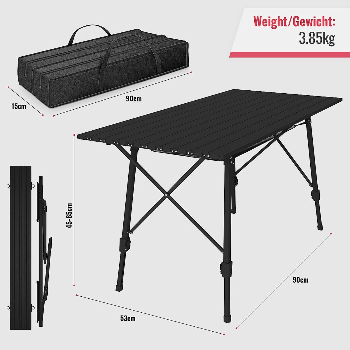 Masa pliabila gradina,Kraftpunkt,spatiu depozitare, geanta transport, inaltime reglabila, 90 x 45 cm, aluminiu, negru - imagine 3