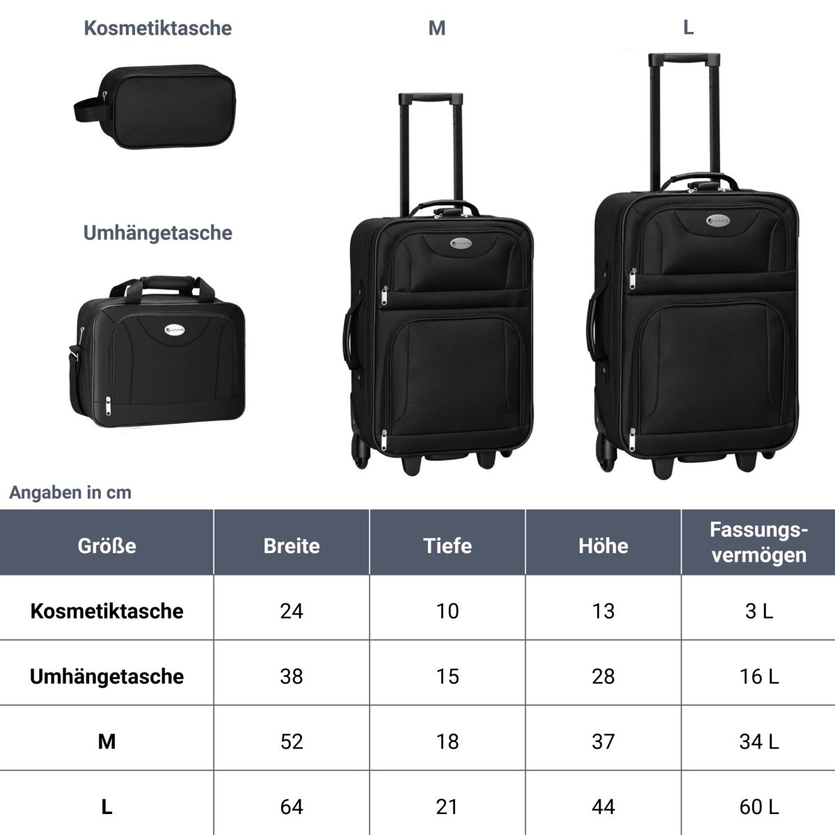 Set 3 trolere si 2 genti cosmetice, Atena, L-M, poliester, negru - imagine 15