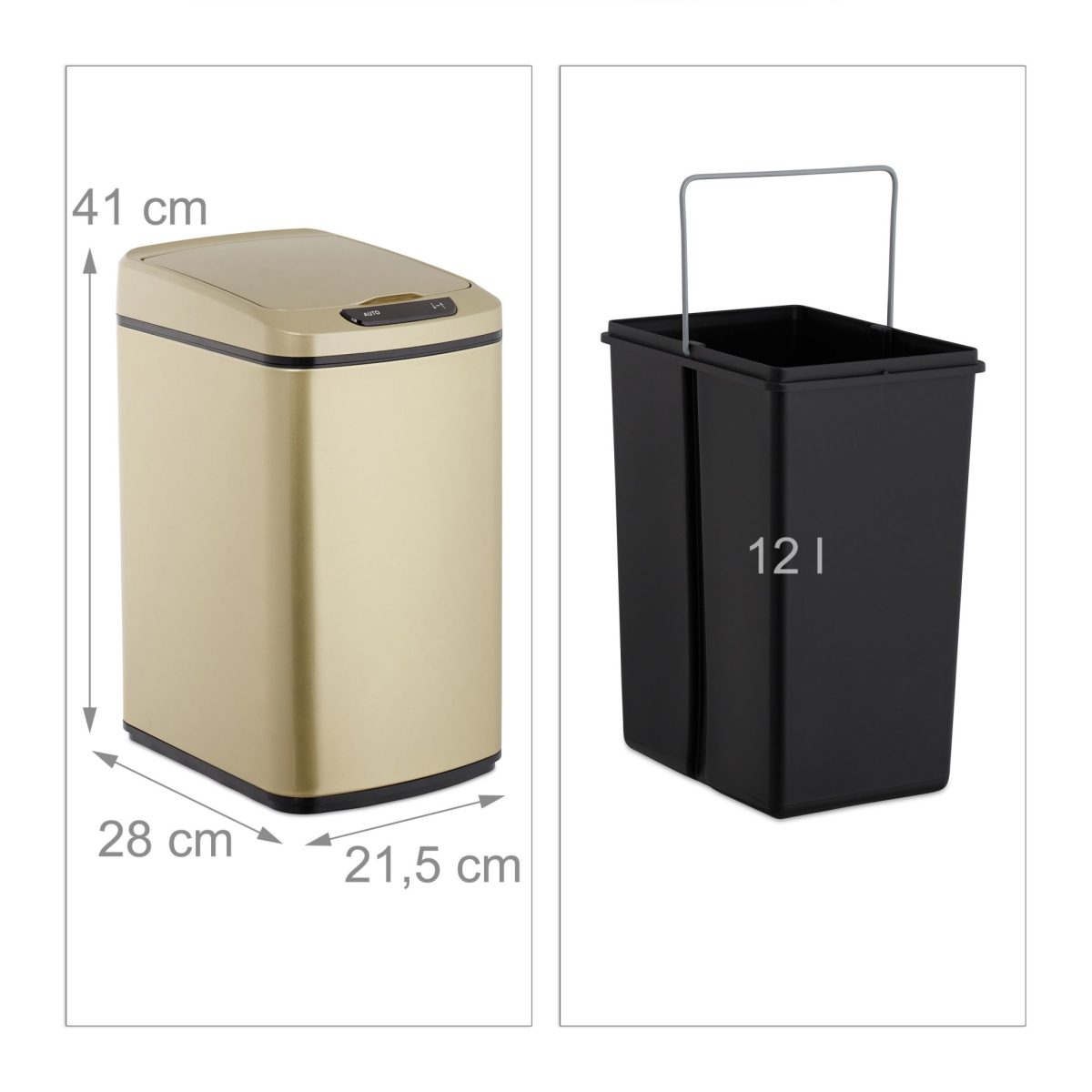 Cos de gunoi cu senzor automat, 12 L, capac anti-miros, 41 x 21,5 x 28 cm, negru/gold - imagine 3