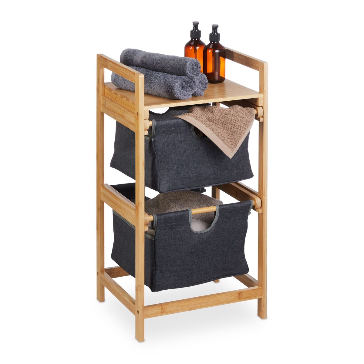 Cos de rufe, 2 compartimente si raft superior, din bambus/poliester/bumbac, natural/gri, 73 x 36,5 x 33 cm - imagine 10