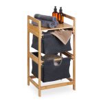 Cos de rufe, 2 compartimente si raft superior, din bambus/poliester/bumbac, natural/gri, 73 x 36,5 x 33 cm - imagine 10