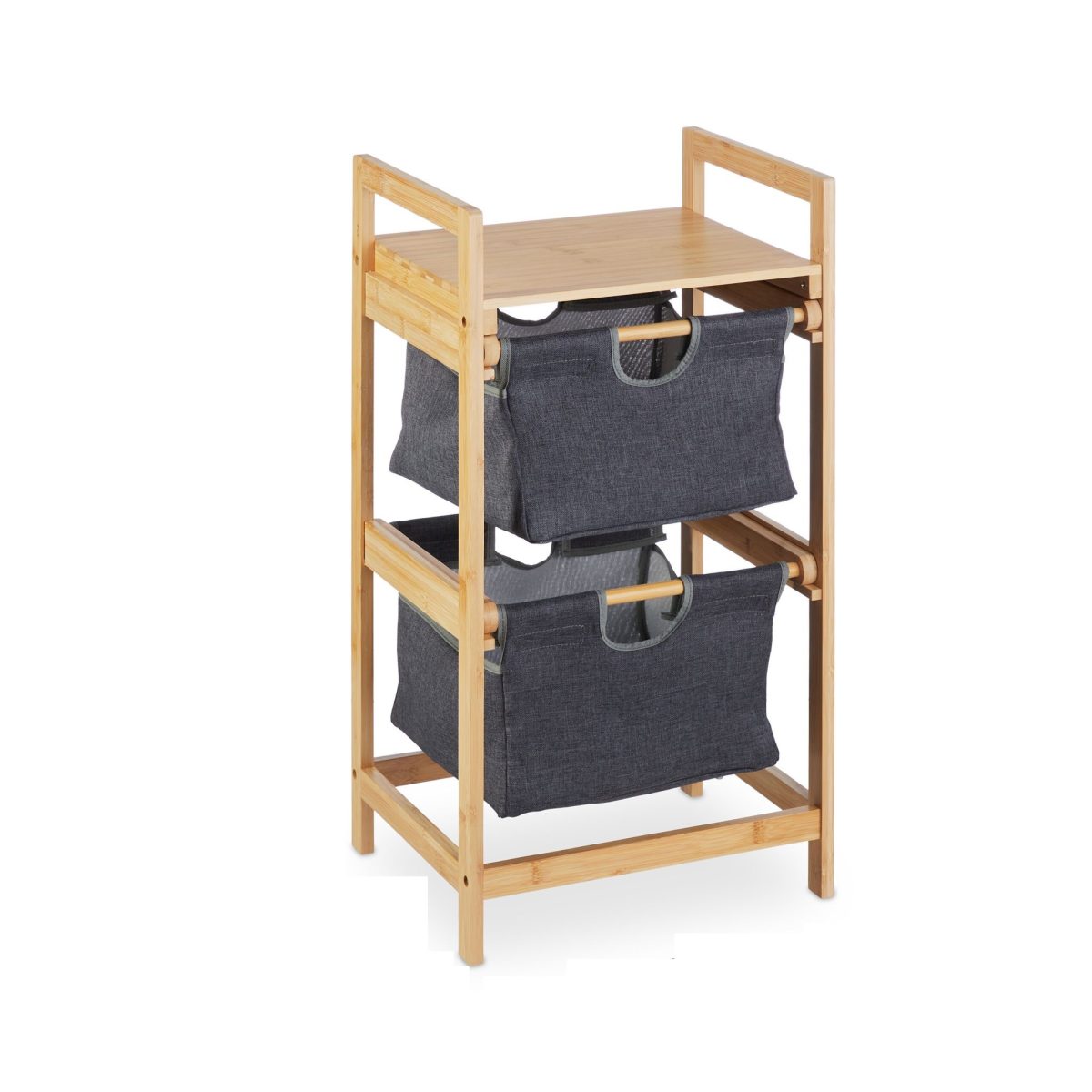 Cos de rufe, 2 compartimente si raft superior, din bambus/poliester/bumbac, natural/gri, 73 x 36,5 x 33 cm - imagine 2