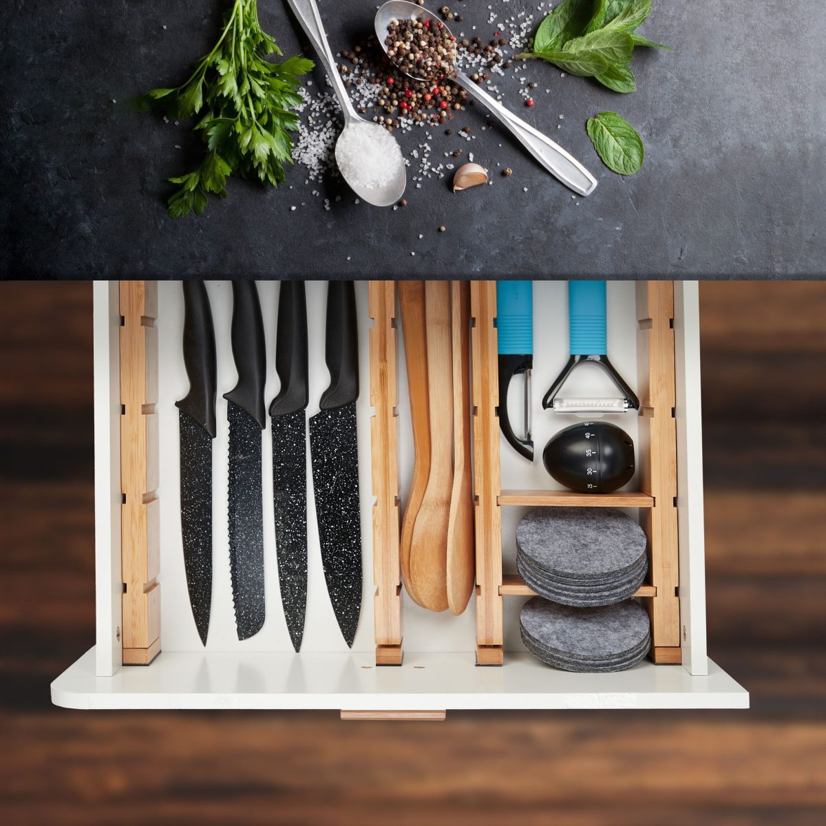 Set 10 separatoare pentru organizare sertare reglabile, bambus, 6 x 34-44 x 2 cm, maro - imagine 5