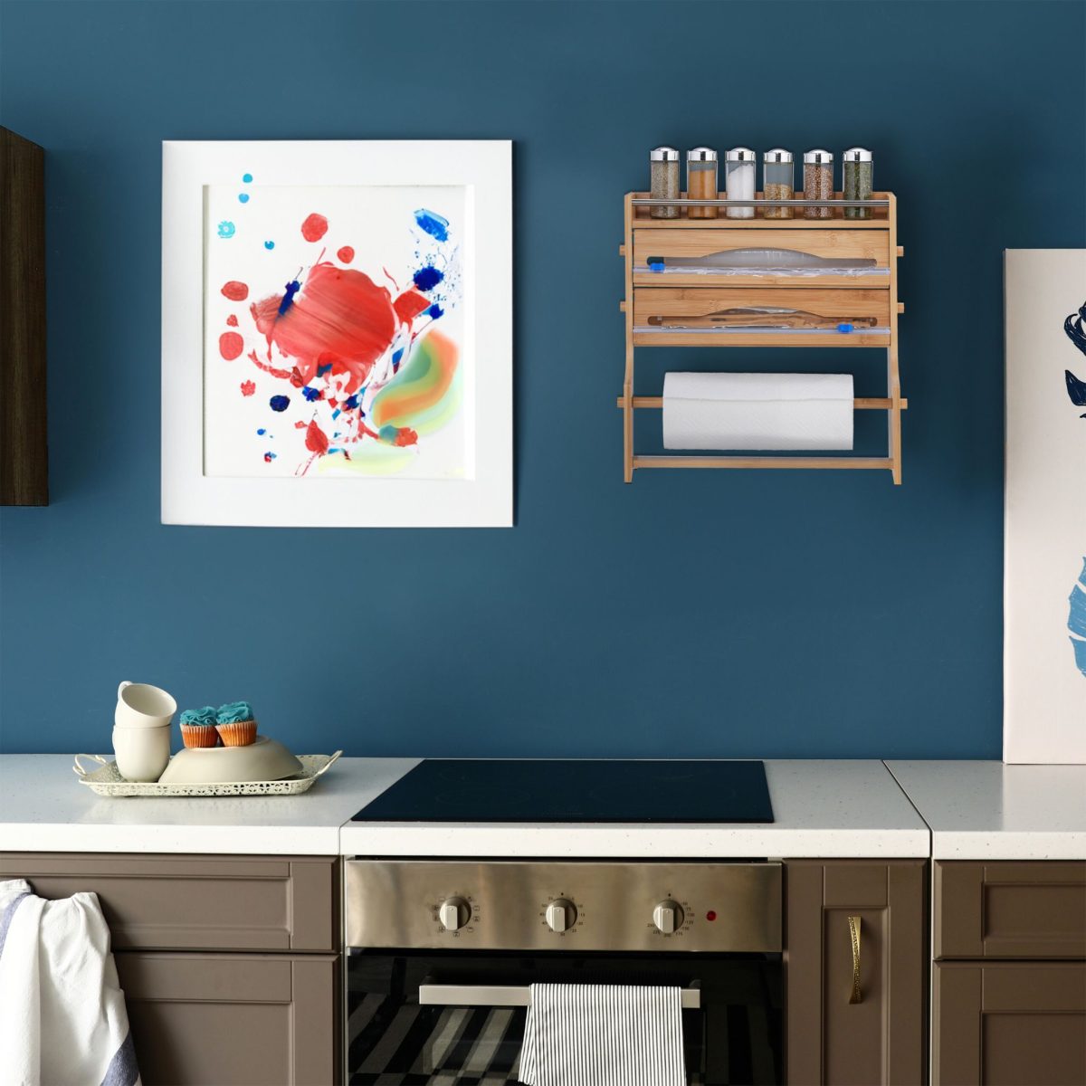 Raft pentru condimente, servetele si folii alimentare, din bambus, culoare naturala, 40 x 40 x 11,5 cm - imagine 3