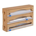 Organizator si dispenser 3 in 1 pentru folii de bucatarie, pentru perete sau sertar, bambus, maro, 23,5 x 39 x 9 cm