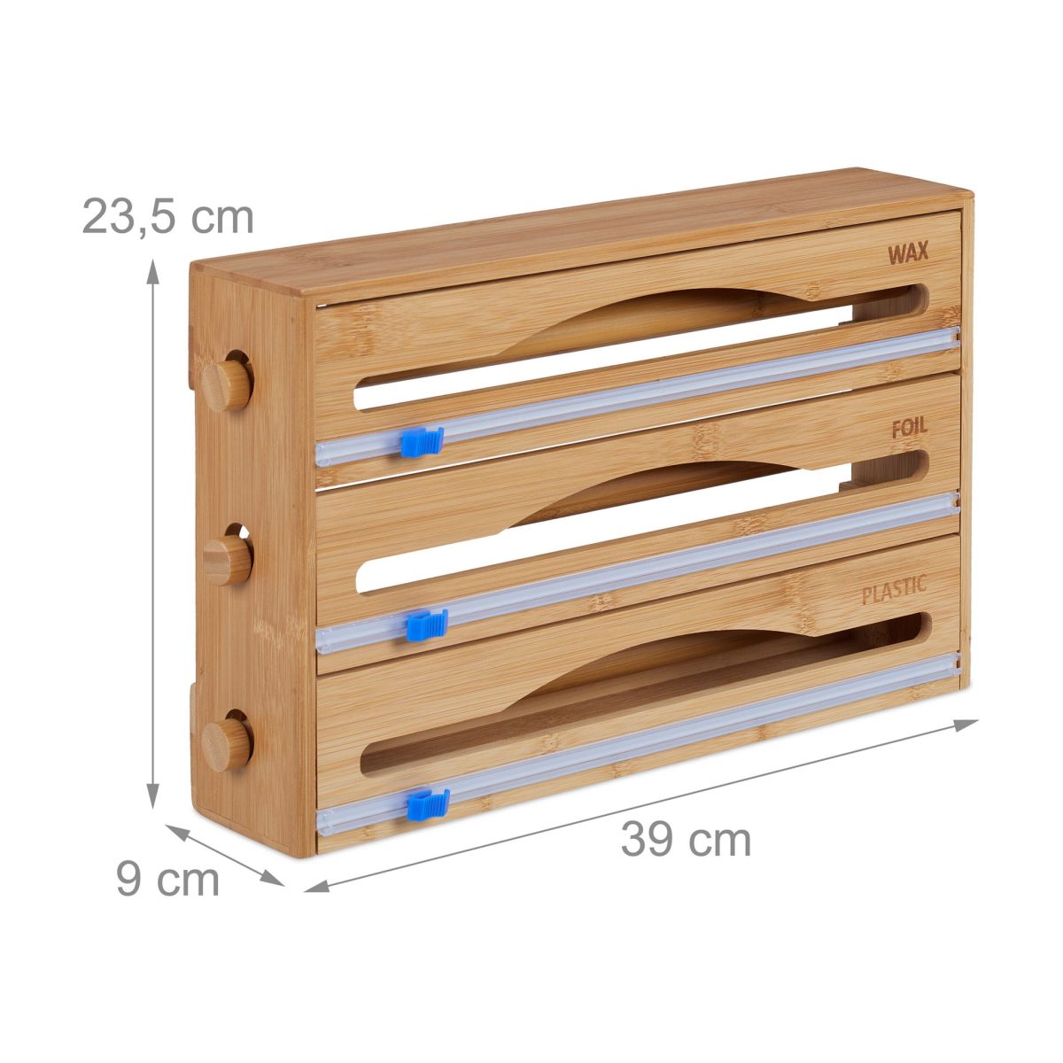 Organizator si dispenser 3 in 1 pentru folii de bucatarie, pentru perete sau sertar, bambus, maro, 23,5 x 39 x 9 cm - imagine 3