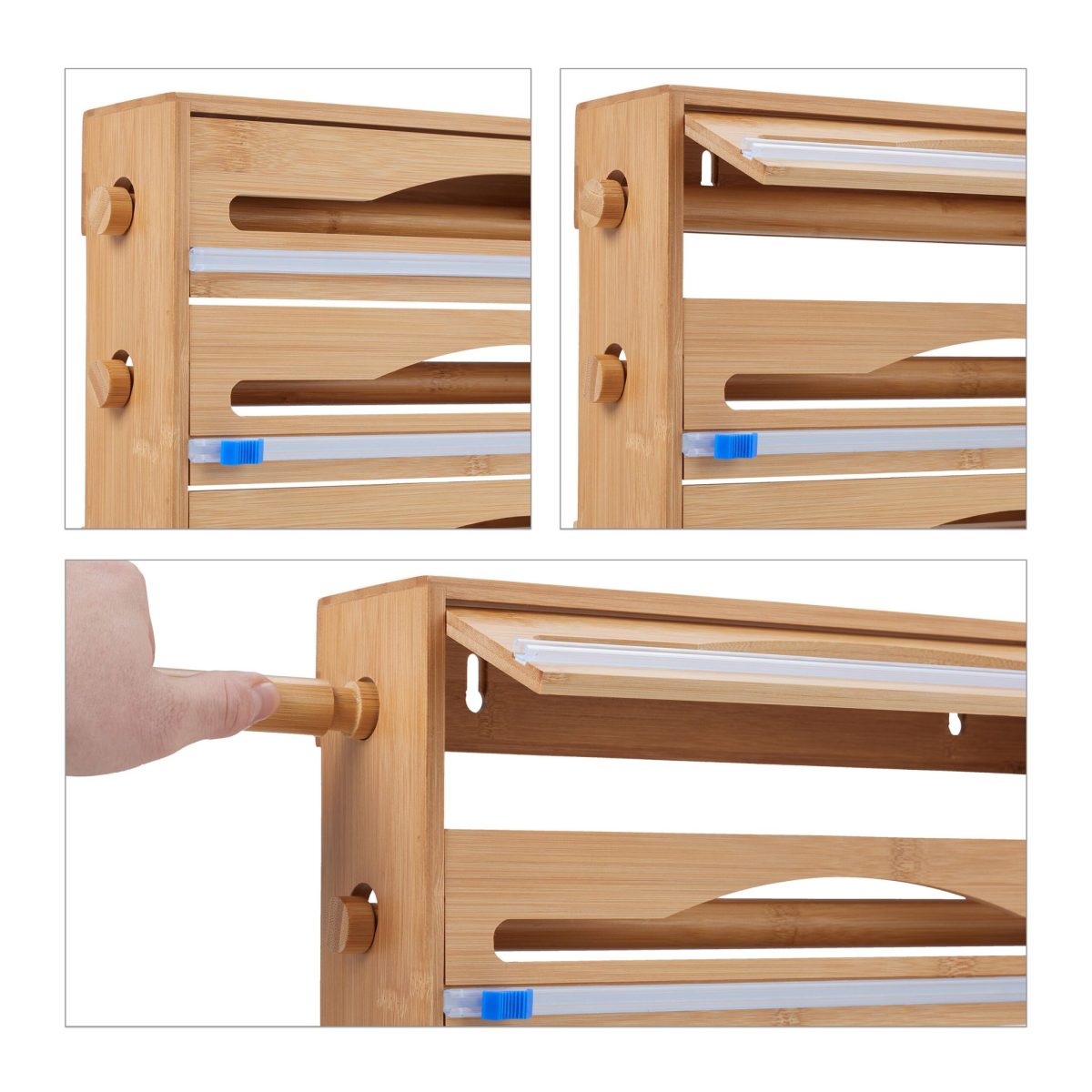 Organizator si dispenser 3 in 1 pentru folii de bucatarie, pentru perete sau sertar, bambus, maro, 23,5 x 39 x 9 cm - imagine 9