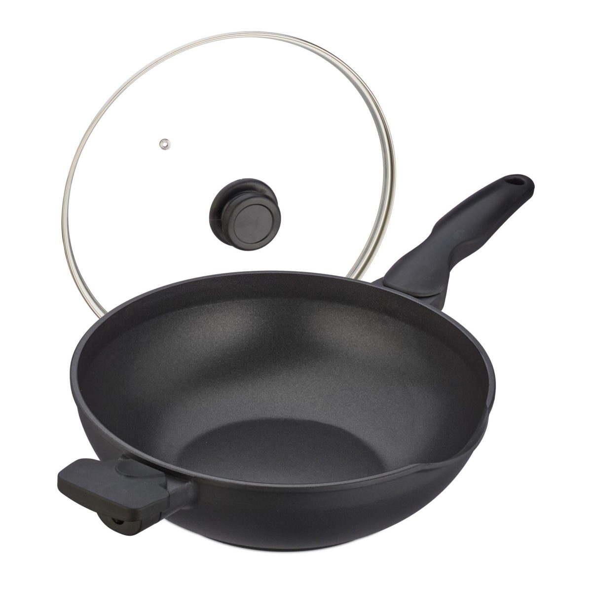 Tigaie wok cu capac, din aluminiu/sticla/plastic, neagra, 15 x 57,5 ​​x 31,5 cm - imagine 2