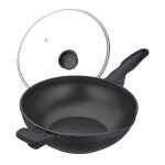 Tigaie wok cu capac, din aluminiu/sticla/plastic, neagra, 15 x 57,5 ​​x 31,5 cm