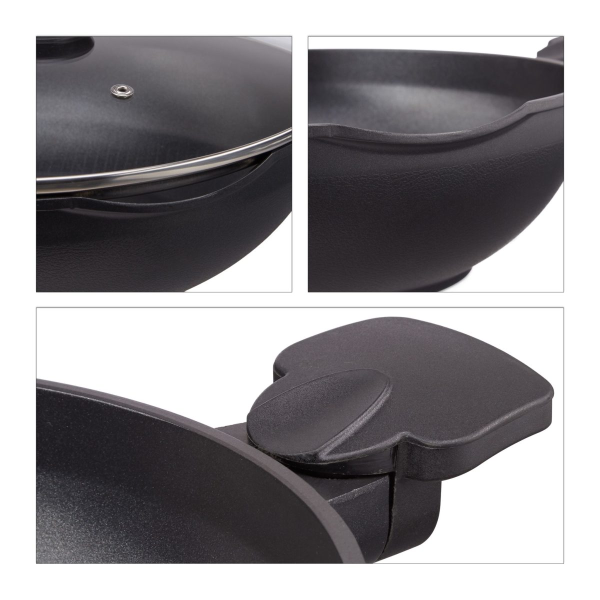 Tigaie wok cu capac, din aluminiu/sticla/plastic, neagra, 15 x 57,5 ​​x 31,5 cm - imagine 7