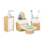 Set accesorii pentru baie, 4 piese, din bambus si ceramica, maro/alb