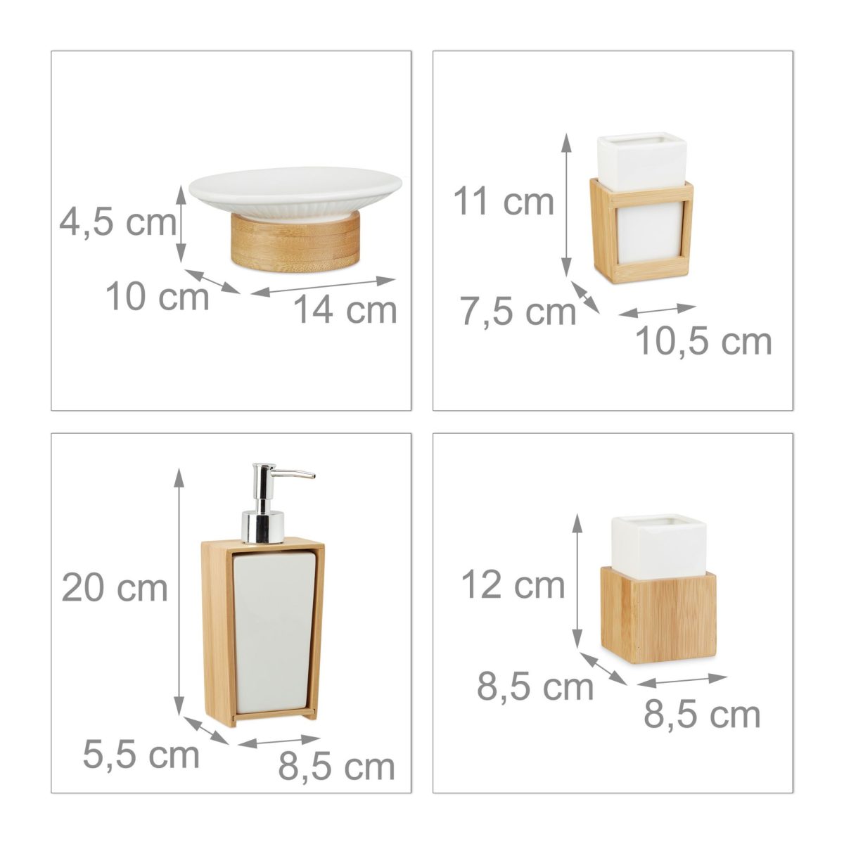 Set accesorii pentru baie, 4 piese, din bambus si ceramica, maro/alb - imagine 5