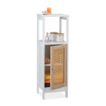 Dulap de baie cu 3 compartimente, raft flexibil, usa magnetica, alb/maro, MDF, 96,5 x 30 x 30 cm