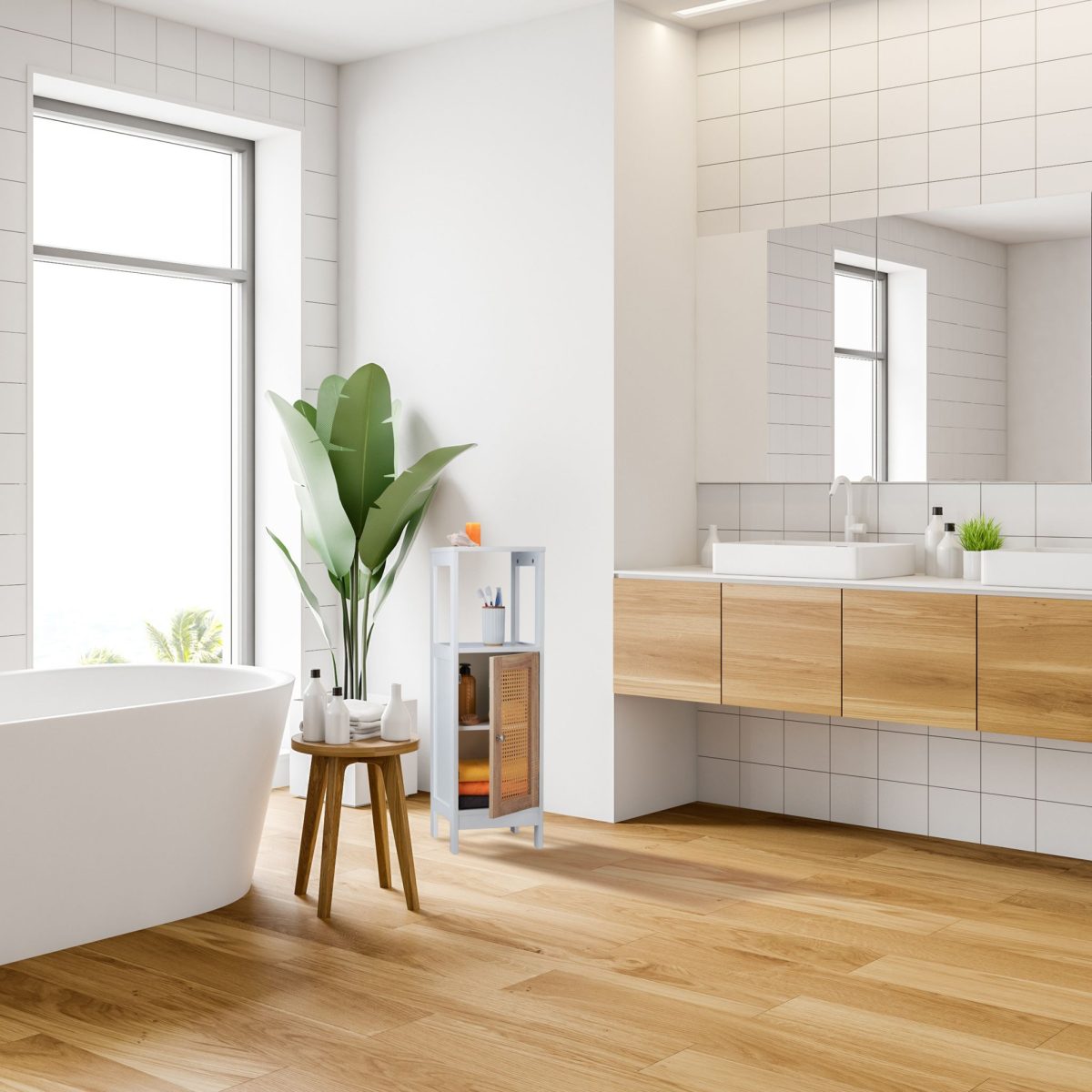 Dulap de baie cu 3 compartimente, raft flexibil, usa magnetica, alb/maro, MDF, 96,5 x 30 x 30 cm - imagine 2