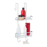 Etajera baie suspendata, 2 rafturi, 4 carlige, fier cromat, 60 x 25,5 x 22,5 cm