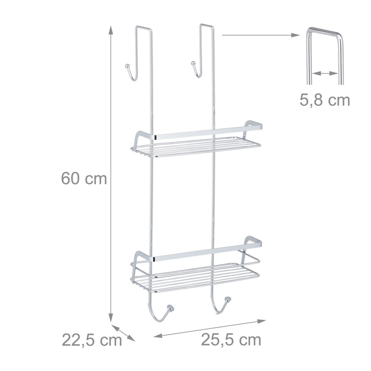 Etajera baie suspendata, 2 rafturi, 4 carlige, fier cromat, 60 x 25,5 x 22,5 cm - imagine 5