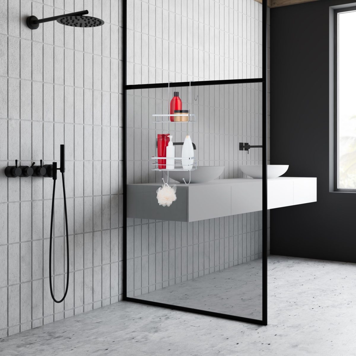 Etajera baie suspendata, 2 rafturi, 4 carlige, fier cromat, 60 x 25,5 x 22,5 cm - imagine 4