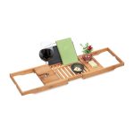 Suport extensibil cada, spatiu pentru tableta/carte, pahar si alte accesorii de baie, din bambus, 16,5 x 105 x 23,5 cm