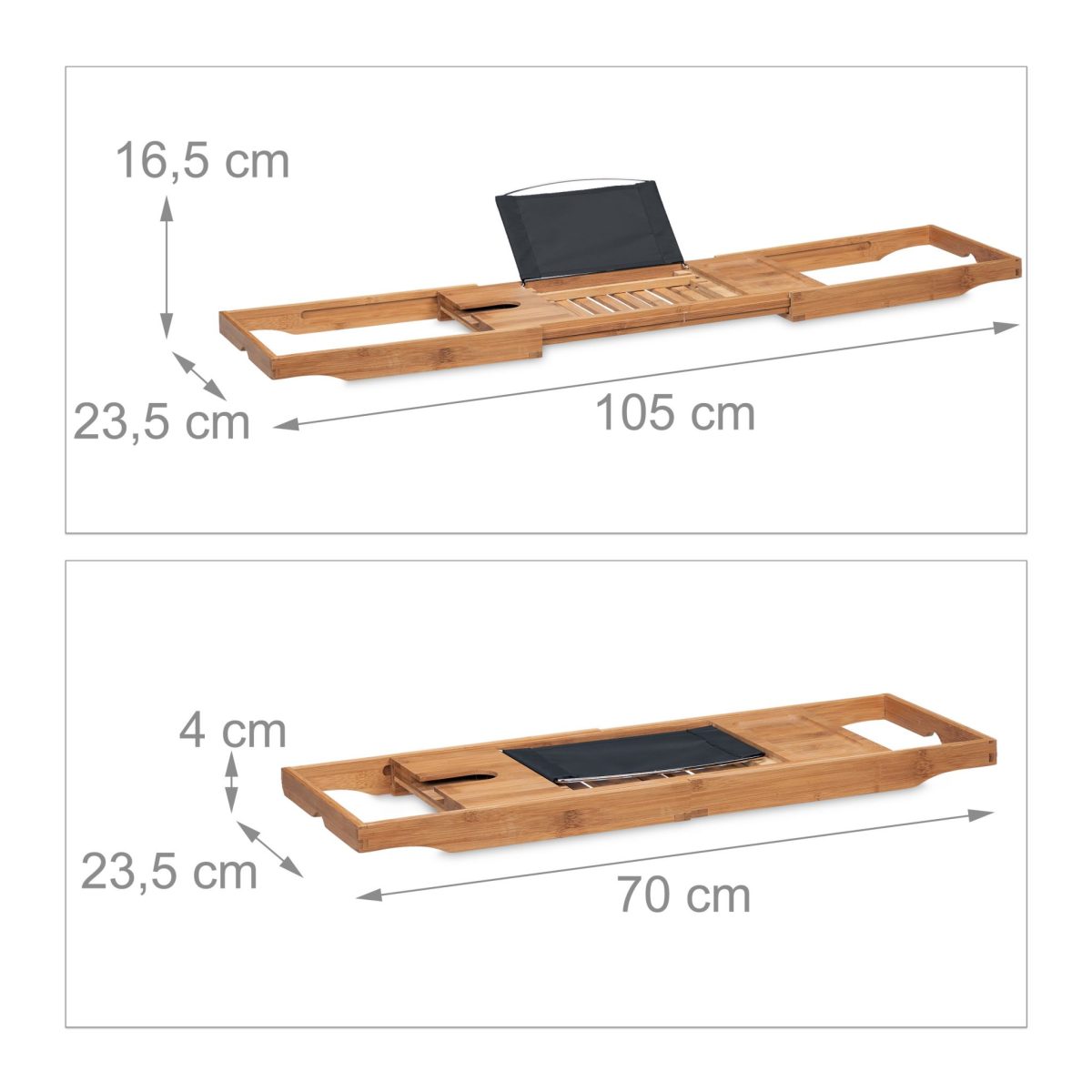 Suport extensibil cada, spatiu pentru tableta/carte, pahar si alte accesorii de baie, din bambus, 16,5 x 105 x 23,5 cm - imagine 5