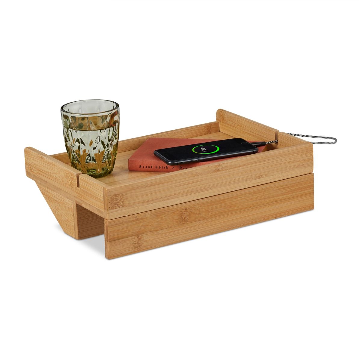 Raft suspendat pentru pat/noptiera, cu suport pentru tableta, greutate maxima de incarcare 7 kg, din bambus/fier, culoare naturala, 10 x 33 x 24 cm - imagine 2