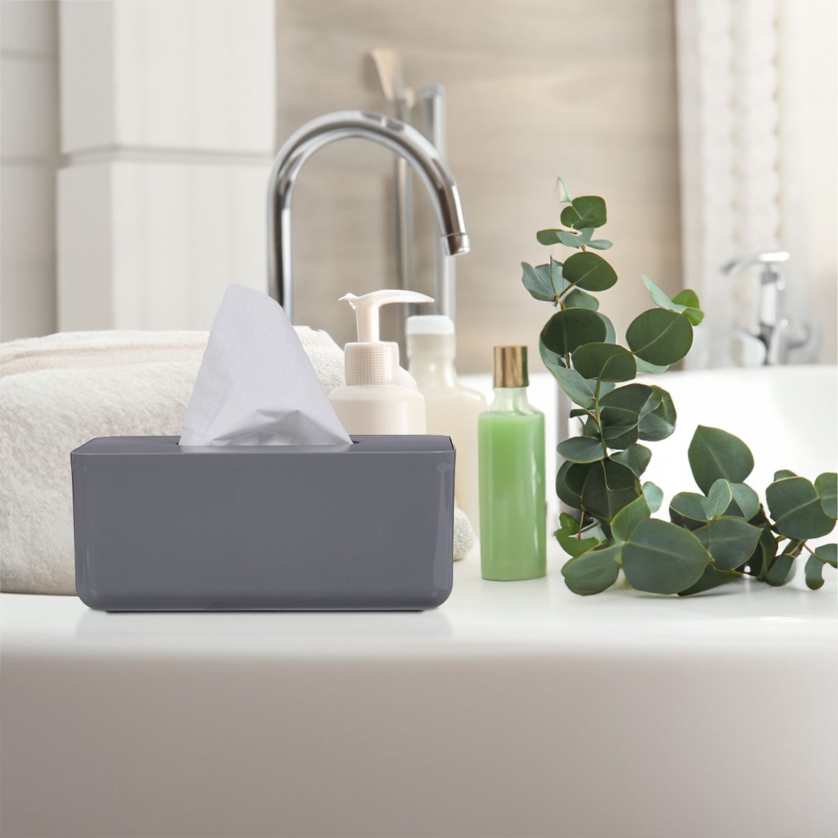 Cutie de servetele cu capac gri, din plastic/bambus, 10 x 23 x 13 cm, potrivita pentru baie si sufragerie - imagine 4