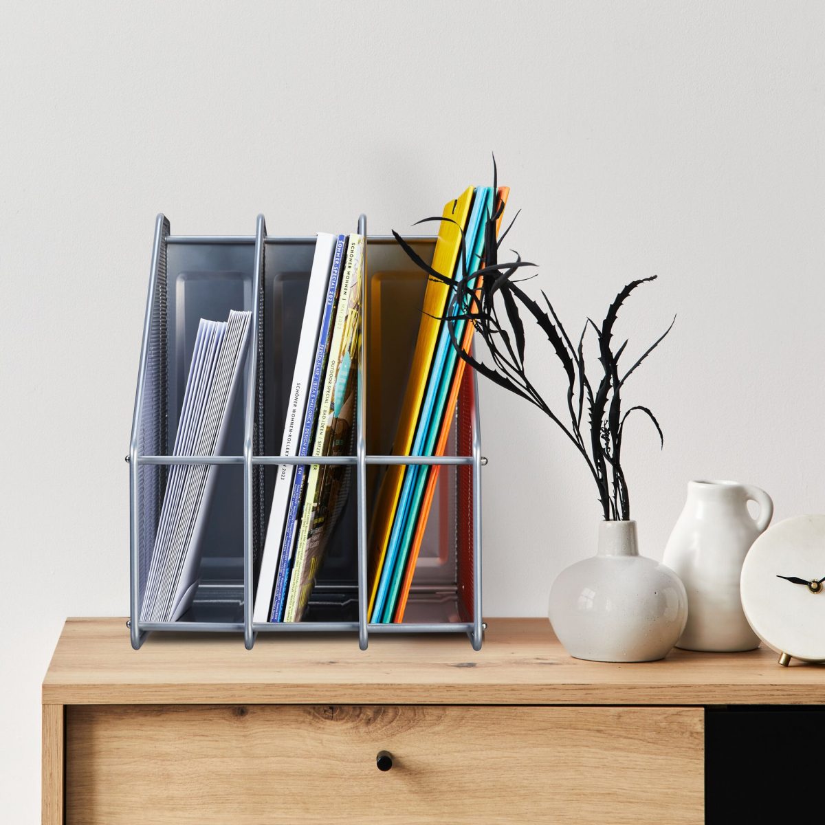 Organizator de birou cu 3 compartimente verticale, din otel, 31,5 x 24 x 29 cm, gri - imagine 3
