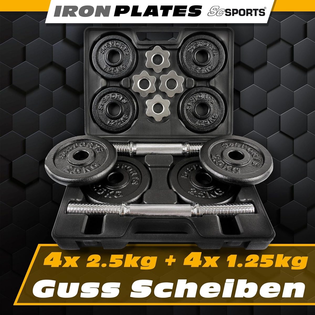 Set de gantere si haltere, cu valiza, 20 kg, 4x2,5 kg / 4x1,25 kg, 14 piese, negru - imagine 4