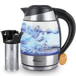 Fierbator electric din sticla, 2200 wati, 1.8 L, strecuratoare pentru ceai, baza rotativa la 360 de grade, Iluminare LED, Fara BPA, negru/argintiu